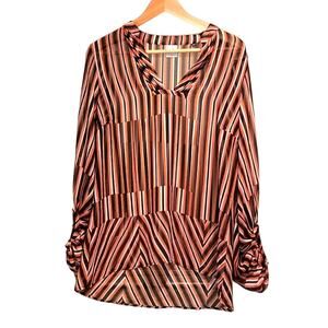 Cabi Sheer Stripe Size Small Balloon Sleeves Orange Black V Neck Pleats